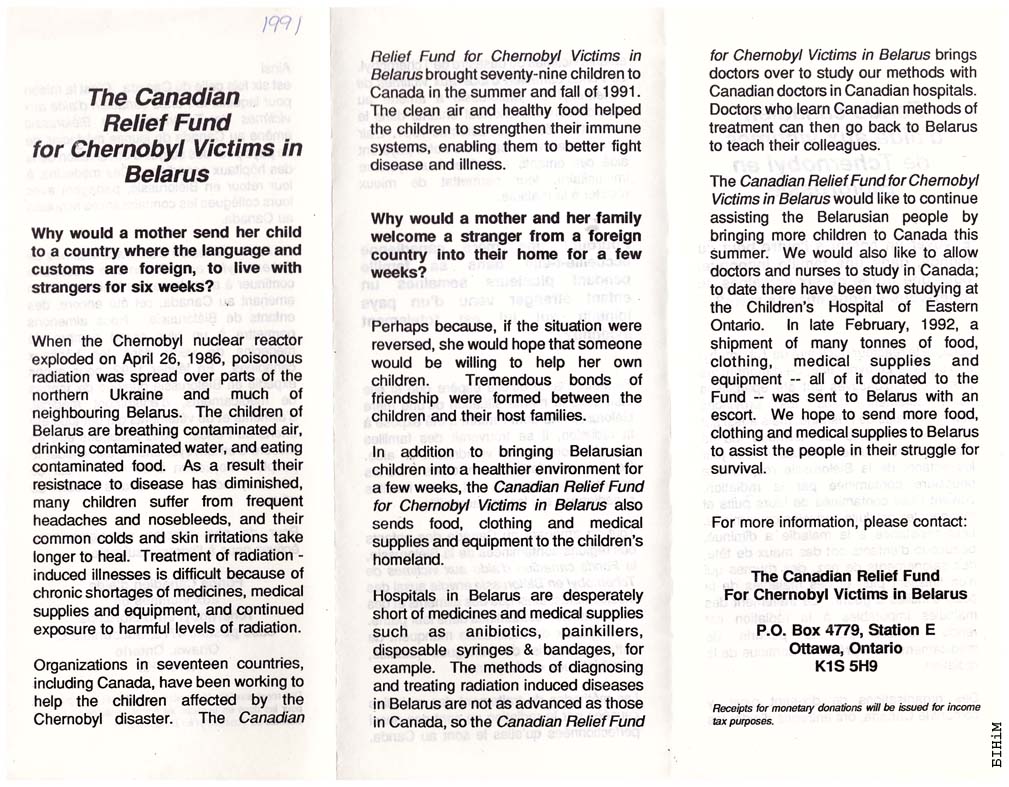 Буклет Канадыйскага Фонду дапамогі ахвярам Чарнобылю ў Беларусі 